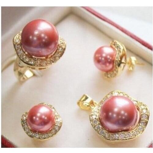 NEW 10mm&14mm Color South sea Shell multicolor Pearl Earring Ring Necklace Pendant Set