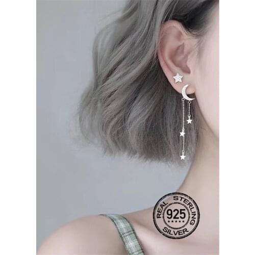 S925 Silver Dangle Earrings For Women Star Moon Pendant Line Chain Tassel Asymmetric Luxury Sweet Cute Gift INEFFA Anti-Allergic
