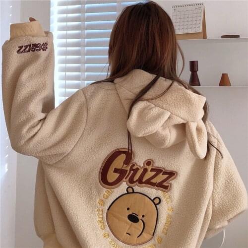 Women Ear Hoodies Oversized Sweatshirt Hooded Long Sleeve Leisure Sweatshirts Loose Thick Fleece Ulzzang Embroidery Zip Hoodie