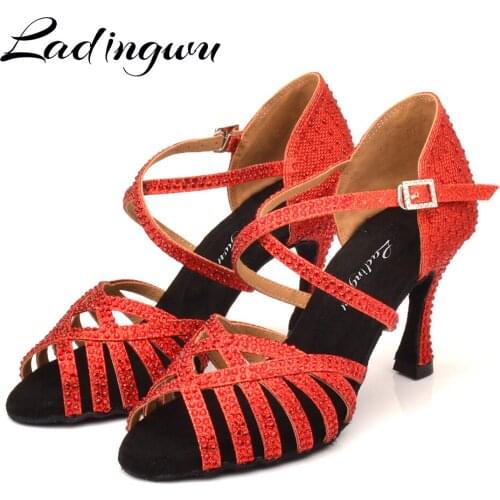 Ladingwu Zapatos De Baile Girls Glitter Red Rhinestone 10cm Women Latin Ballroom Salsa Dance Shoes For Ladies