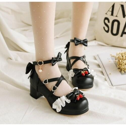 Womens Lolita Strawberry Rhinestones Chunky Heel Round Toe Bowknot Mary Janes Kawaii Cosplay Shoes Plus Size Cross-strap