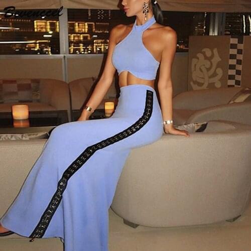 Bevenccel Two Piece Sets Women Dress Summer 2020 New Sexy Halter Backless Bodycon Bandage Dress Maxi Dress Elegant Party Dress