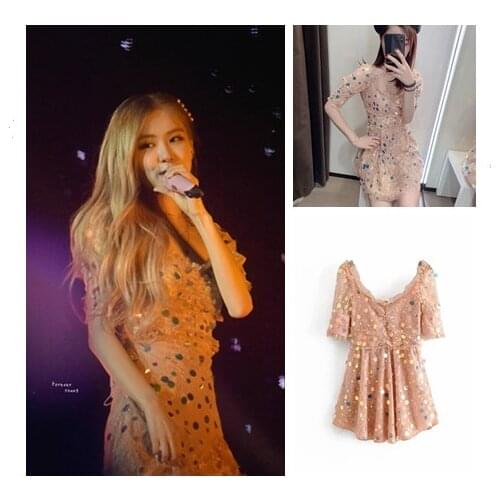 Kpop Rose same korean 2021 summer pink Square collar dress women streetwear lace Sequin splice High waist sexy dresses