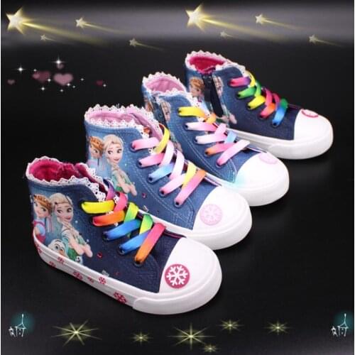 Disney Frozen Shoes Girls canvas Cartoon Snow Queen Girls Hight-top Canvas Shoes Anti-slip Korean-style Casual sneaker Lace-up