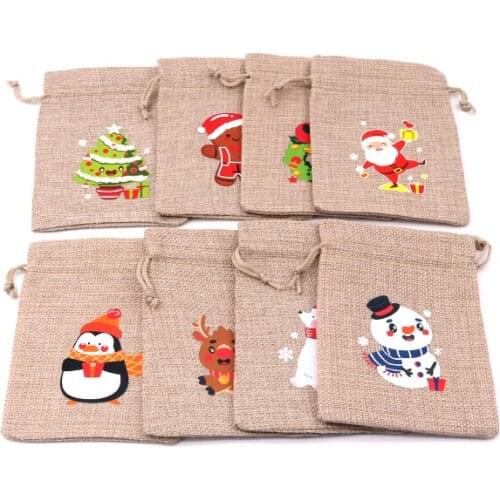 5pcs Jewelry Packaging Gift Jute Bag 10x14cm Burlap Drawstring Flax Candy Pouches Snow Man Printing Linen Bag Pouches
