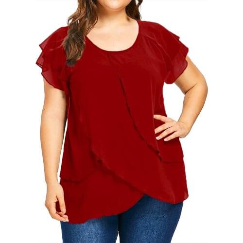 5XL Plus Size Womens Ruffles Shirts Fashion Solid Color Round Neck Tops Short Sleeve Shirts Female Asymmetrical Blusa Tunic D30