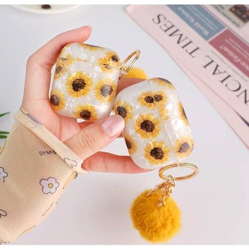 Sunflower Shell Pattern with Hairball Keychain Case for AirPods Pro 2 3 AirPod Case Soft Earphone Charging Box Accessories Funda