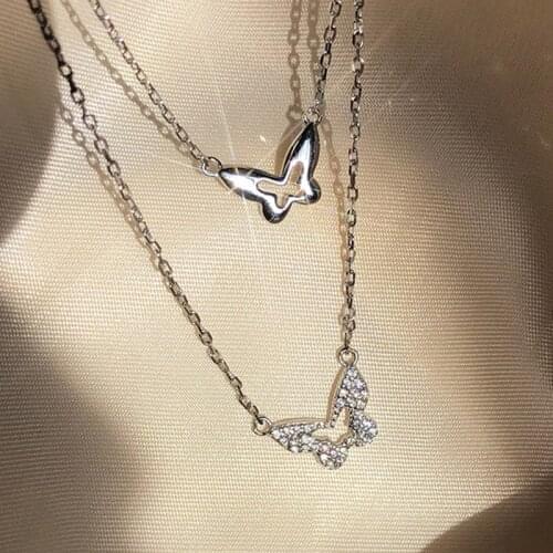 Korean Elegant Silver Color Shiny Butterfly Necklace for Women Dainty Double Layer Clavicle Chain Necklace Party Wedding Jewelry