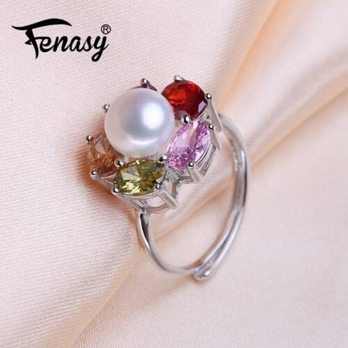 FENASY Natural Freshwater Pearl Rings For Women Female Bohemian Colorful Flower Rings 925 Sterling Silver Ring Ruby Jewelry