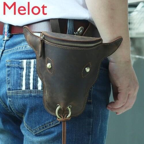 High-End Luxury New Pure Cowhide Leather Mens Retro Bikers Pannier Bag 7-Inch Mobile Phone Bag Waist Bag