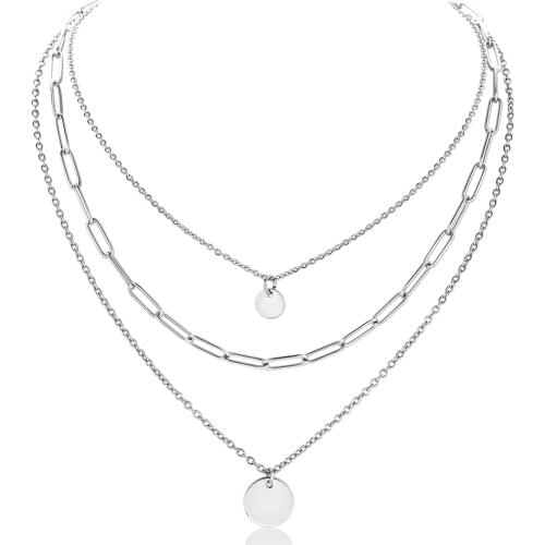 Name Engraving Coin Medallion Charm Necklace Silver Color Stainless Steel Multi Layered Choker for Women Rolo Box Chain DN268