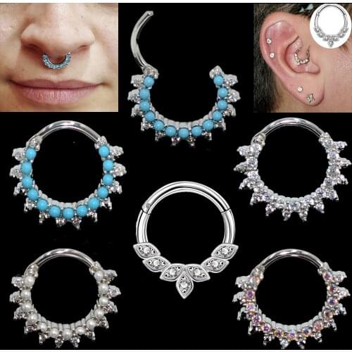 1PC Stainless Steel Crystal Zircon Pearl Septum Clicker Hoop Ring Nose Labret Ear Tragus Cartilage Daith Helix Earring piercing