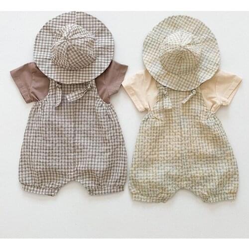 Korean Style Summer Infant Baby Boys Girls Clothes Set Cotton T-shirt+Lattice Jumpsuit+Hat Newborn Baby Girls Clothing Suit