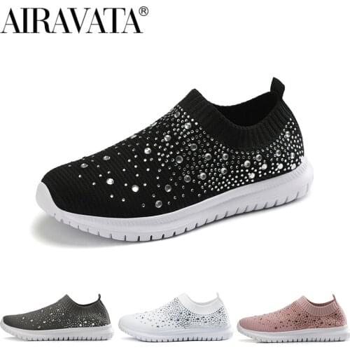 Newbeads Womens Slip On Sock Walking Shoes Rhinestone Sneakers Female Ladies Casual Shoes Lightweight Soft Sole Lazy Shoes