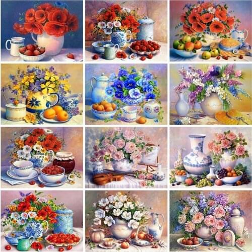 LUOVIZEM 5D Diamond Painting Vintage Vase Flower Arranging Full Square/Round Drill Embroidery Cross Stitch Home Decor Painting