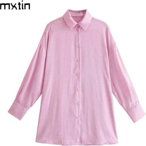 MXTIN 2021 Women Spring Fashion Pink Single Breasted Loose Blouses Vintage Lapel Collar Long Sleeve Office Lady Female Shirt