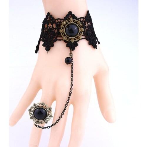 New Arrival Vintage Black Lace Flowers Fingerless Bridal Gloves+Alloy Ring/Bridal Bracelet 314