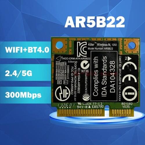 Wholesale Dual Band Bigfoot networks Killer N1202 AR5B22 0CTJ7G Half Mini PCI-E 300mbps BLUETOOTH 4.0 WIRELESS laptops WIFI CARD