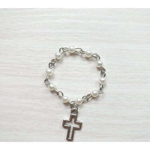 QIGO Withe Imitaiton Pearl Thumb Rosary Bracelets Catholic Finger Cross Bangle Religious Jewelry