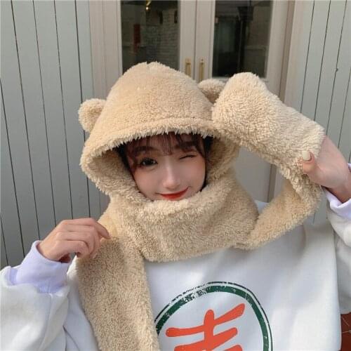 Cute plush hat scarf gloves han edition hooded winter sweet
