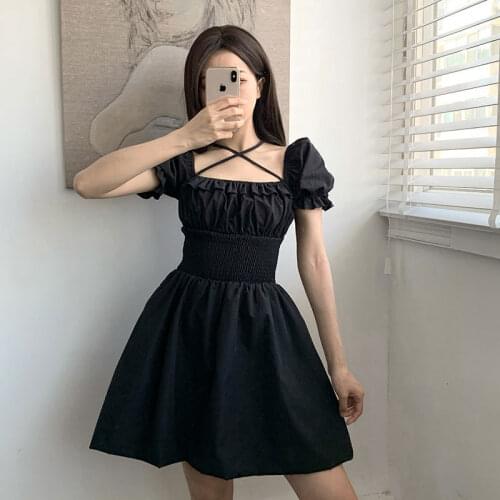 South Korea Ins Square Collar Fairy Dress Retro Style Little Black Dress Sexy Lace-up Fungus Lace Waist Short-sleeved Dress