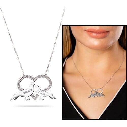 Tesbihane Personalized Name Written 925 Sterling Silver Heart-Dove Pendant