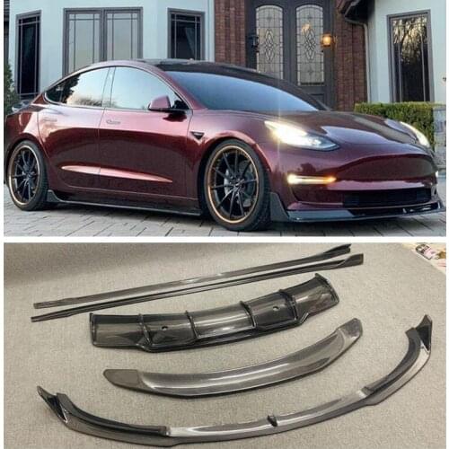 High Quality Carbon Fiber Spoiler+Front Lip +Rear Bumper Lip Diffuser Side skirts Protector For Tesla Model 3 2018 2019 2020