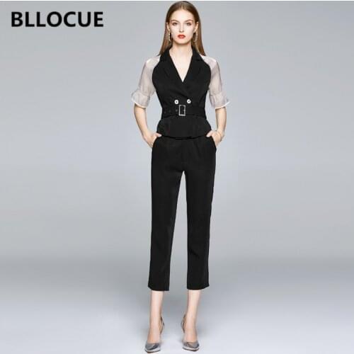 BLLOCUE 2020 Summer Womens Pant Suits Fashion Organza Splice Jacket Top + High Waist Pants 2 Pieces Set With Belt