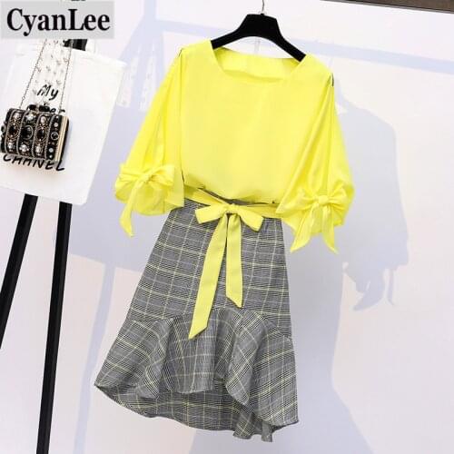 Plus Size 2 Piece Set Summer Womens Set Yellow Bow Tie Blouse Plaid Skirt Suit High Waist Mermaid Skirt 5xl
