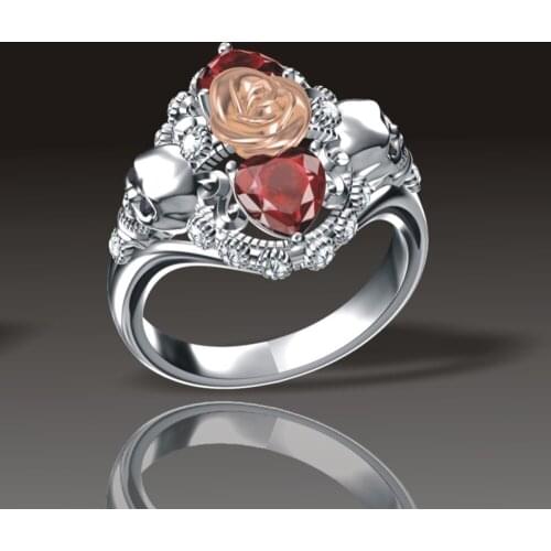 Jingyang Gothic Skull Flower Rose Rings For Women Girls Silver Plated Austrian Crystal CZ Luxury Jewelry Punk Fashion Gifts Ring