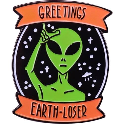 Alien greetings earth-loser badge sci-fi humor ET pin cool geek accessory