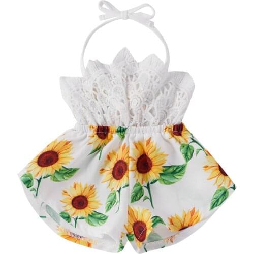 2021 Infant Baby Girls Sunflower Print Short Romper Floral Hollow Out Sleeveless Lace Up Jumpsuit One Piece For Summer New