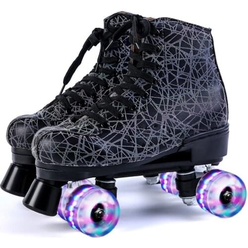 3D Black Printing Artificial Lether Roller Skates Quad 4-Wheels Double Row Roller Shoes patines de 4 ruedas Patin Skating