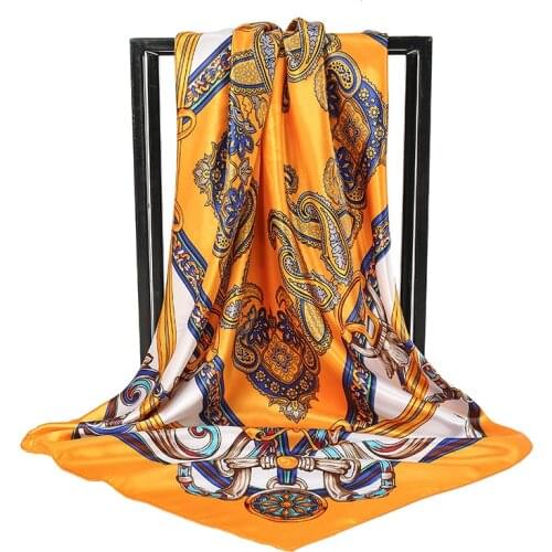 90*90cm Satin Muslim Hijab Scarf Chiffon Square Silk Scarves Women Print Shawls and Wraps Head Scarf Islamic Female Headband