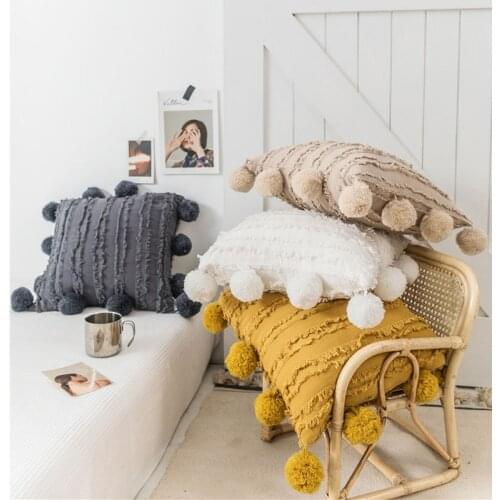 Boho White Tassels Solid Color Cushion Cover Square Pompom Decorative Throw Pillowcase For Home sofa Living Room Decor 45x45cm