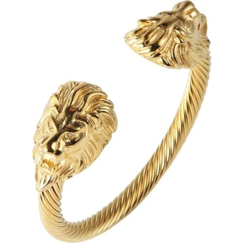 HZMAN Mens Lion CZ Eyes Bracelet Cable Wire Bangle Stainless Steel Gold Biker Punk