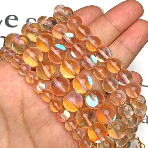 Natural Stone Light Orange Austrian Crystal Glitter Bead Round Flash Moonstone Beads For Jewelry Making Diy Bracelet 6 8 10 12mm
