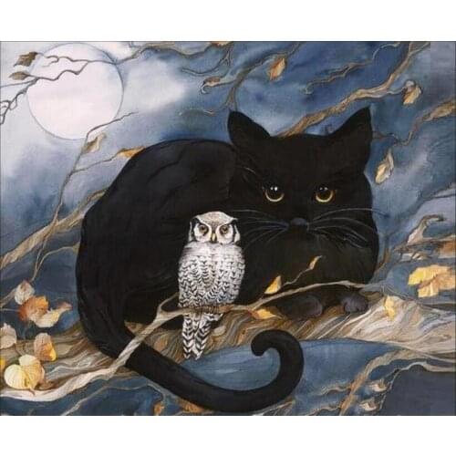 Black cat and bird, diamond cross embroidery, 5D square/round diamond painting, diamond mosaic, home decoration, Halloween gifts