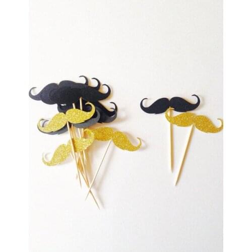 Black & gold glitter mustache cupcake toppers, wedding party engagement food picks birthday cake decor