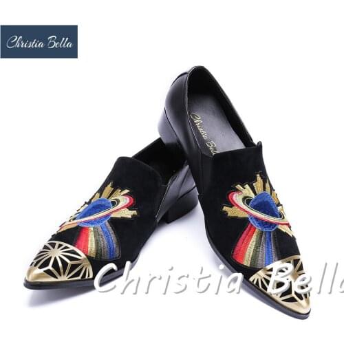 Christia Bella Party and Wedding Men Dress Shoes New Handmade Planet Embroidery Men Loafers Suede Leather Smoking Slippers Men