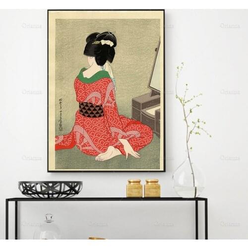 Woman In Red Shibori Kimono Before A Mirror - Hakuho Hirano Print Ukiyo Poster - Birthday Gift Idea - Wall Art Poster Print