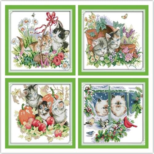 Everlasting Love Four Seasons Cats Chinese Cross Stitch Kits Ecological Cotton Stamped Printed 14 11CT DIY New Year Decorations