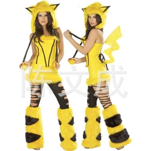 Animal Yellow Bikachu Costume Women Halloween Bikachu Fur Cute Cosplay Fancy Party Dress Outfit Tail JY096