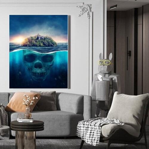 Creative Blue Ocean Island Canvas Painting Skull Art Wall Posters Prints Pictures Modern Couches for living Room Home Decoration