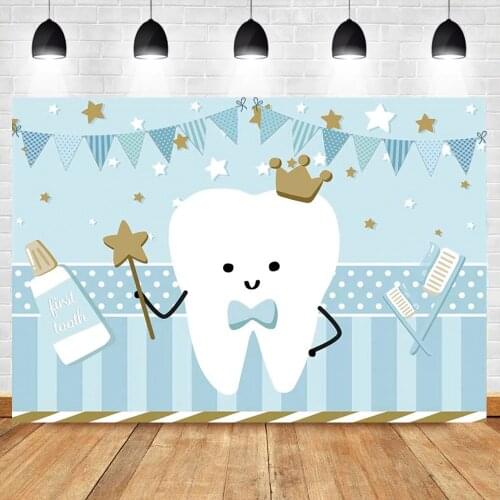 Laeacco Blue Prince First Tooth Backdrop For Photography Colorful Flags Baby Shower celebration Party Baby Photo Background