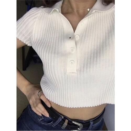 Summer Short Sleeve Crop T Shirt Ladies Turn-down Collar Solid White Tee Shirt accessory album bratz Brandy Tshirts Cotton Women