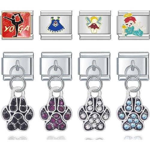 Hapiship Fashion Sweet Claws CZ Skirt Yoga Kids Italian Links Charm Fit 9mm Stainless Steel Bracelet Jewelry DIY Making DJ080