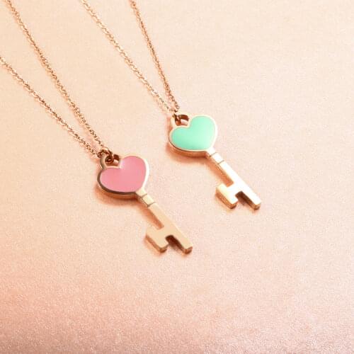 Fashion Pink/Blue Enamel Love Key Pendant Necklace For Women Luxury Rose Color Stainless Steel Chain Friendship Fine Jewelry