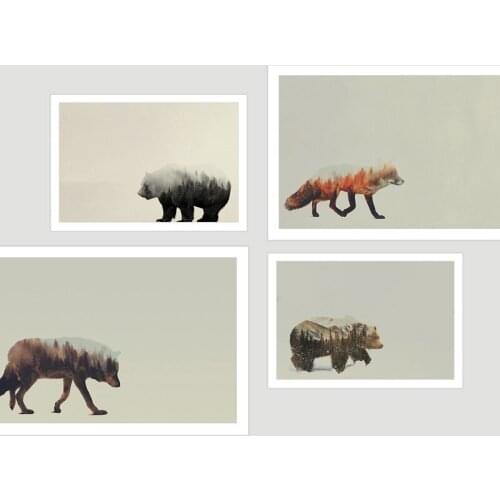 Modular Home Decor Print Bear Fox Wolf Forest Landscape Picture Painting For Office Simple Style Canvas Creative Poster Wall Art