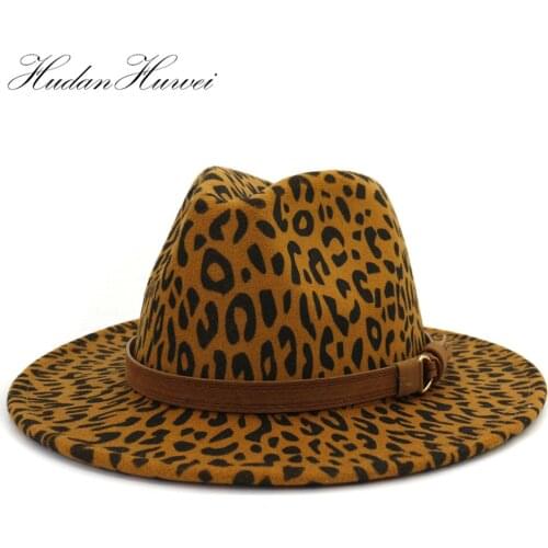 2020 Trend Unisex Leopard Grain Jazz Fedora Hats Men Women with Leather Band Flat Brim Wool Felt Trilby Panama Formal Hats
